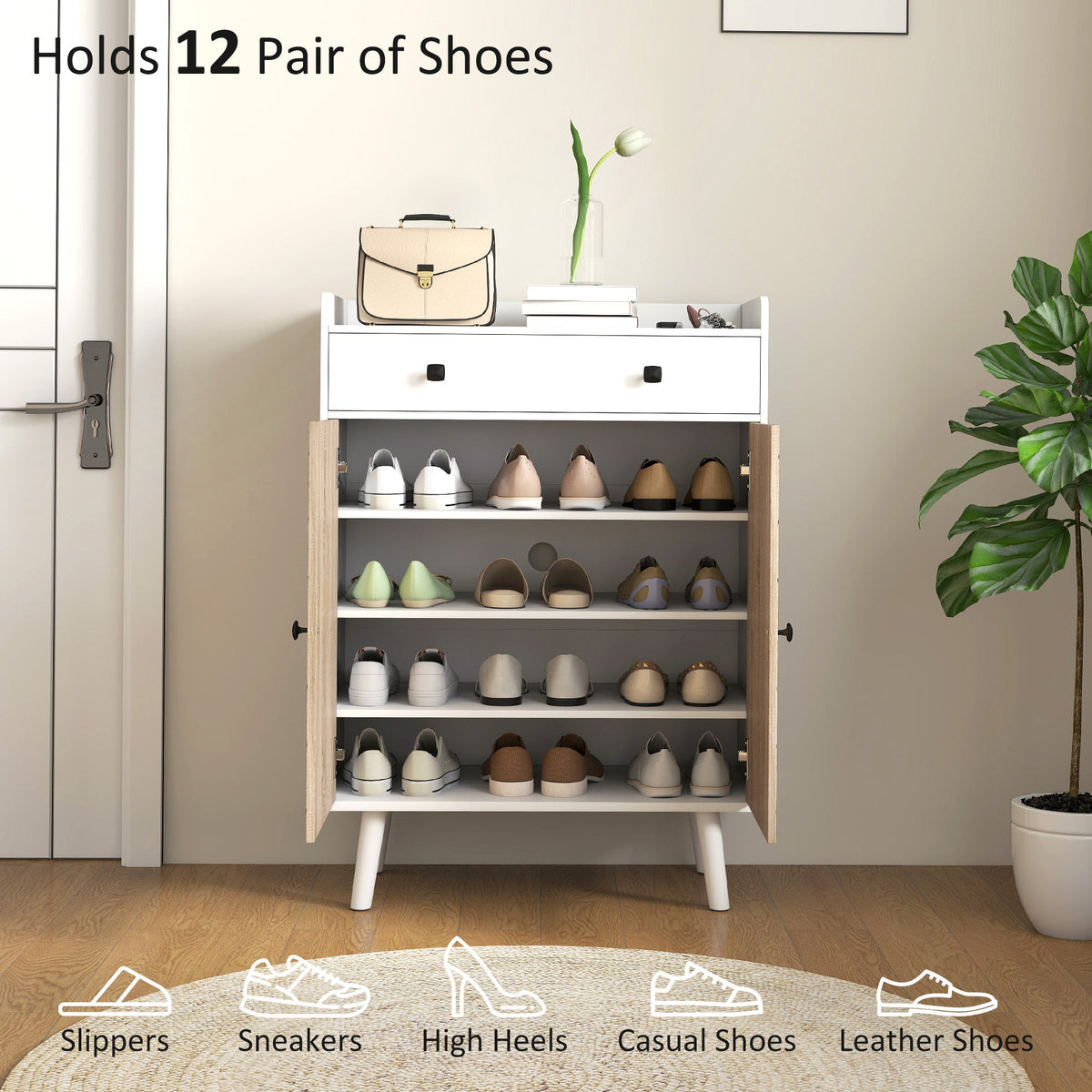 Shoe Cabinet for Entryway, Modern Shoe Storage Cabinet with Adjustable Shelves and Drawer for 12 Pairs, White