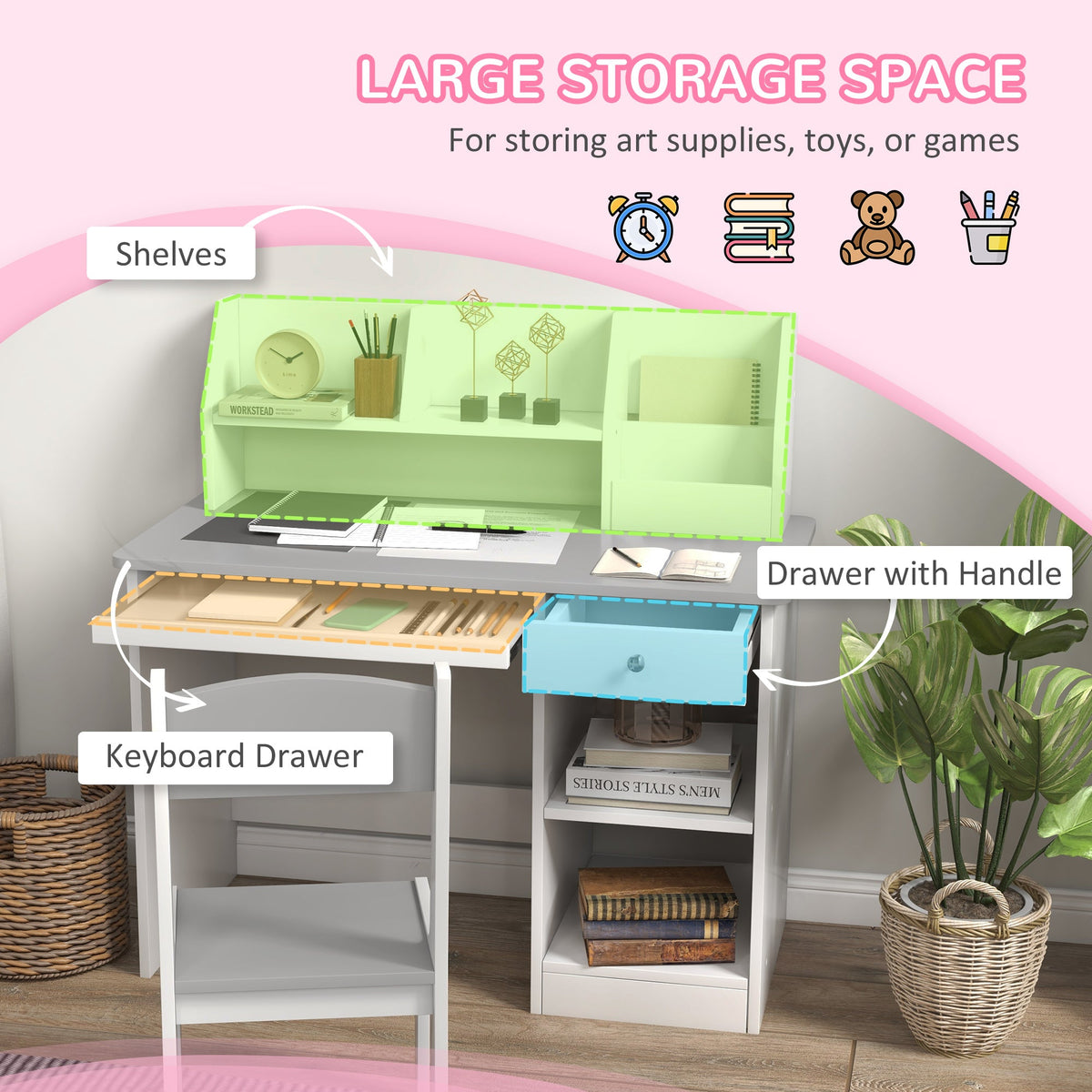 Kids Desk and Chair Set for 5-8 Year Old with Storage, Study Table and Chair for Children, Grey