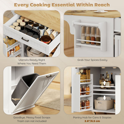 Kitchen Island Cart, Portable Kitchen Island Table with Charging Station, Rubber Wood Drop Leaf, Trash Storage, Black