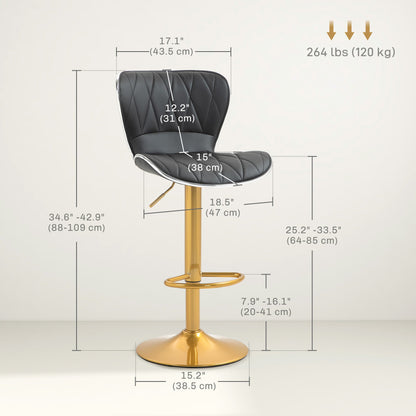 Maxi Counter Height Bar Stools Set of 2-Adjustable Height and Swivel Seat-Black/Gold