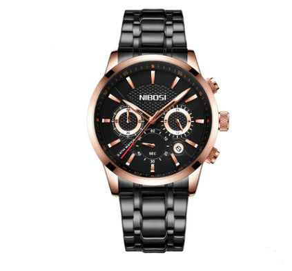 Stylish Men's Black Gold Steel Sports Watch with 3 Eyes