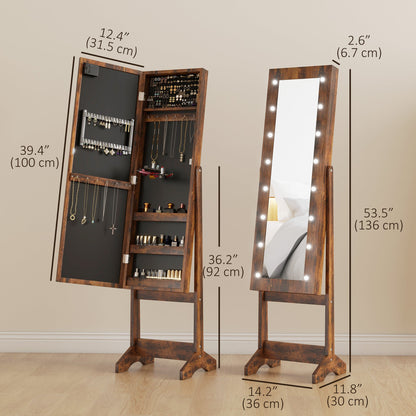 Free Standing Armoire Organizer, Lighted Mirrored Jewelry Cabinet w/ Angle Adjustable & 16 LED Lights Warm White