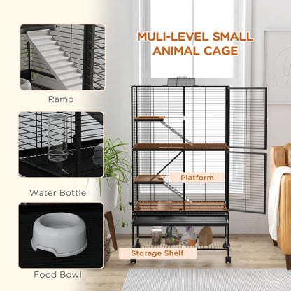 Rolling Small Animal Cage 34"H Chinchilla Cage for Ferrets, Squirrels w/ Removable Tray, Storage Shelf, Black