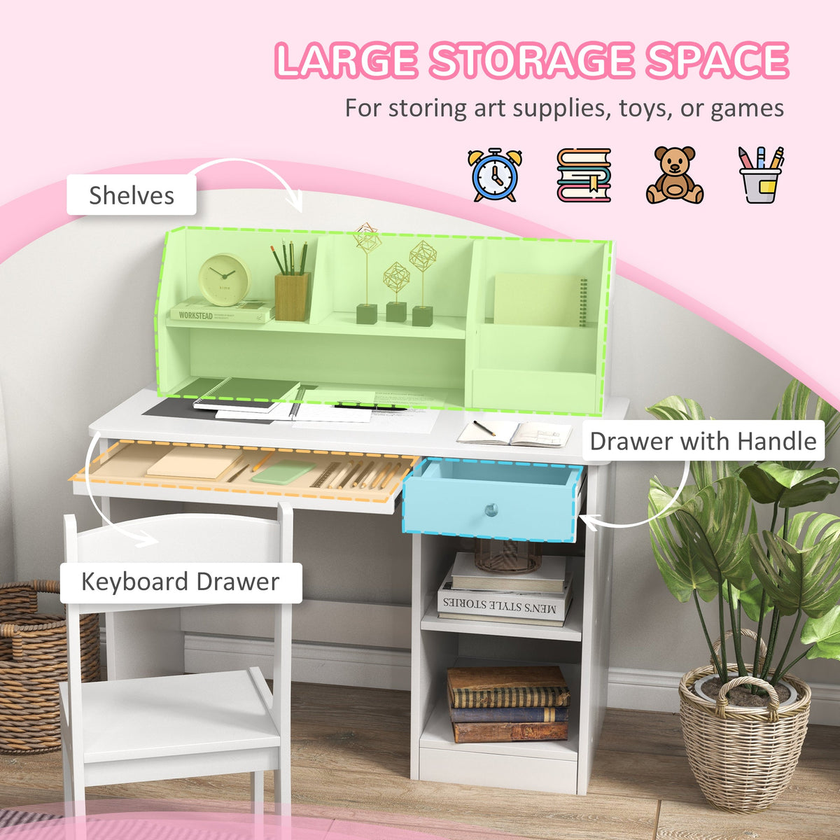 Kids Desk and Chair Set for 5-8 Year Old with Storage, Study Table and Chair for Children, Grey