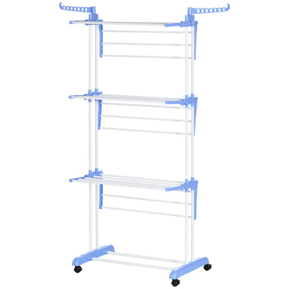 Foldable Clothes Drying Rack, 4-Tier Steel Laundry Rack for Drying Clothes with 2 Side Wings and 4 Castors, Indoor and Outdoor Use, Black