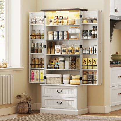 72" LED Kitchen Pantry Cabinet, Buffet Storage Cabinet with 10 Door Shelves, 2 Drawers and Adjustable Shelves, Black