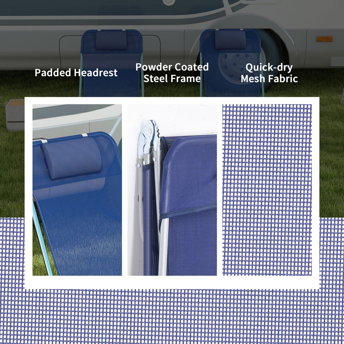 Set of 2 Folding Chaise Lounge Chairs, Outdoor Poolside Sun Tanning Chairs w/ Pillow, Reclining Backrest, Blue