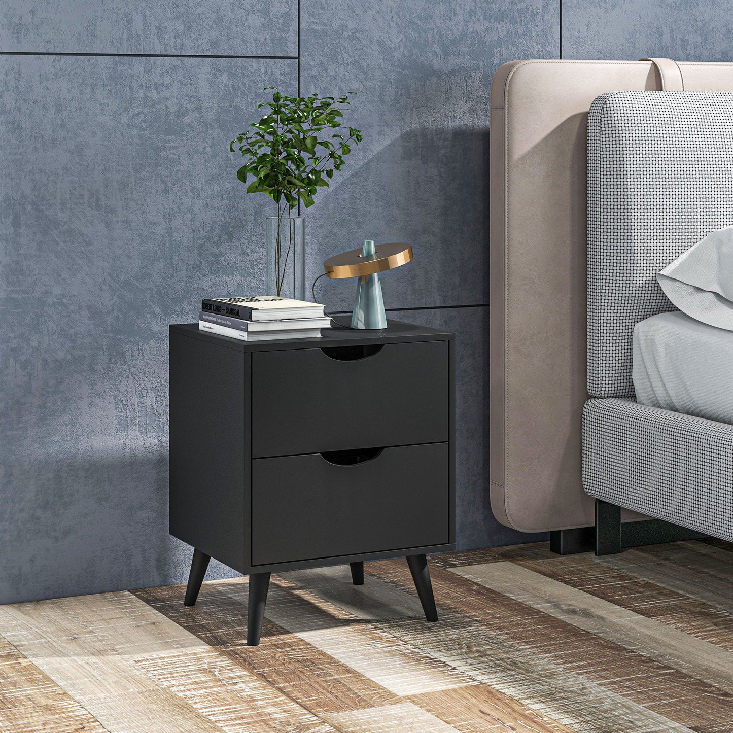 Jesse Nightstand with 2 Drawers and Pine Wood Legs-Black