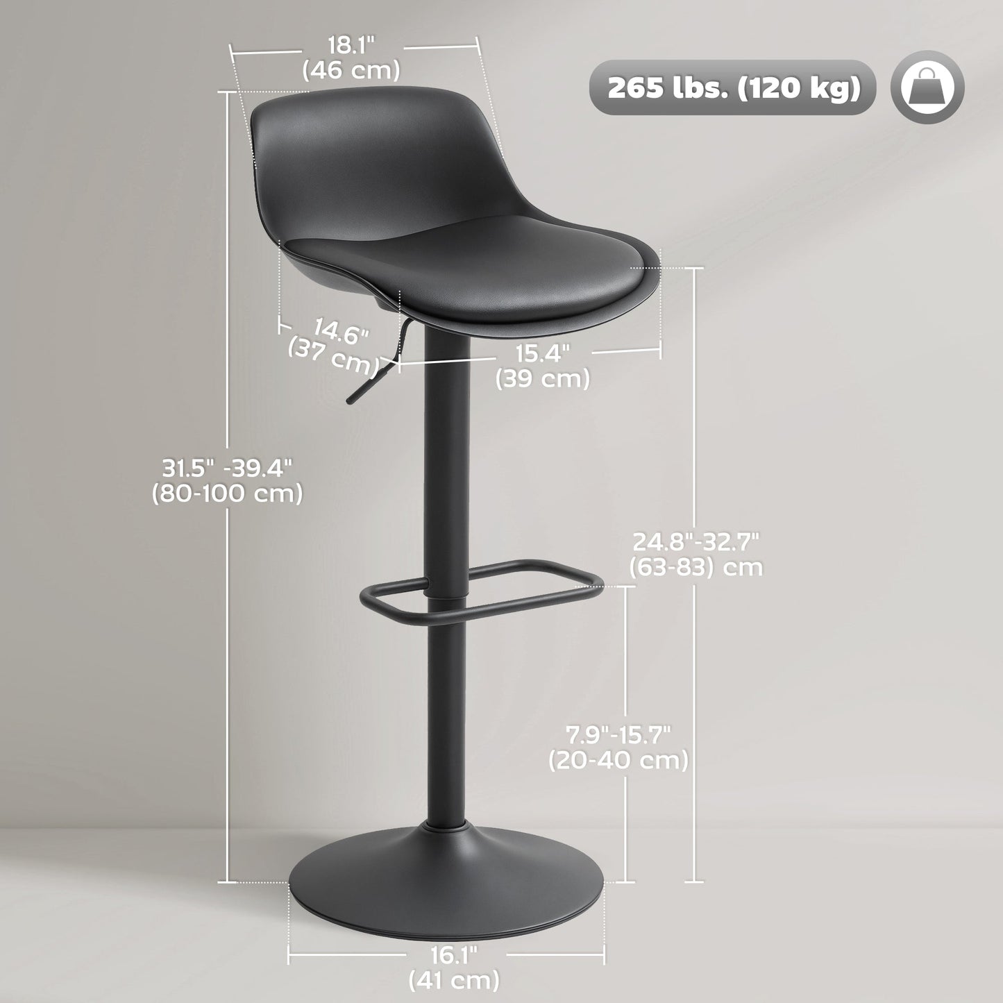Zee Counter Height/Bar Stools Set of 2 with Adjustable Height and Swivel Seat-Black