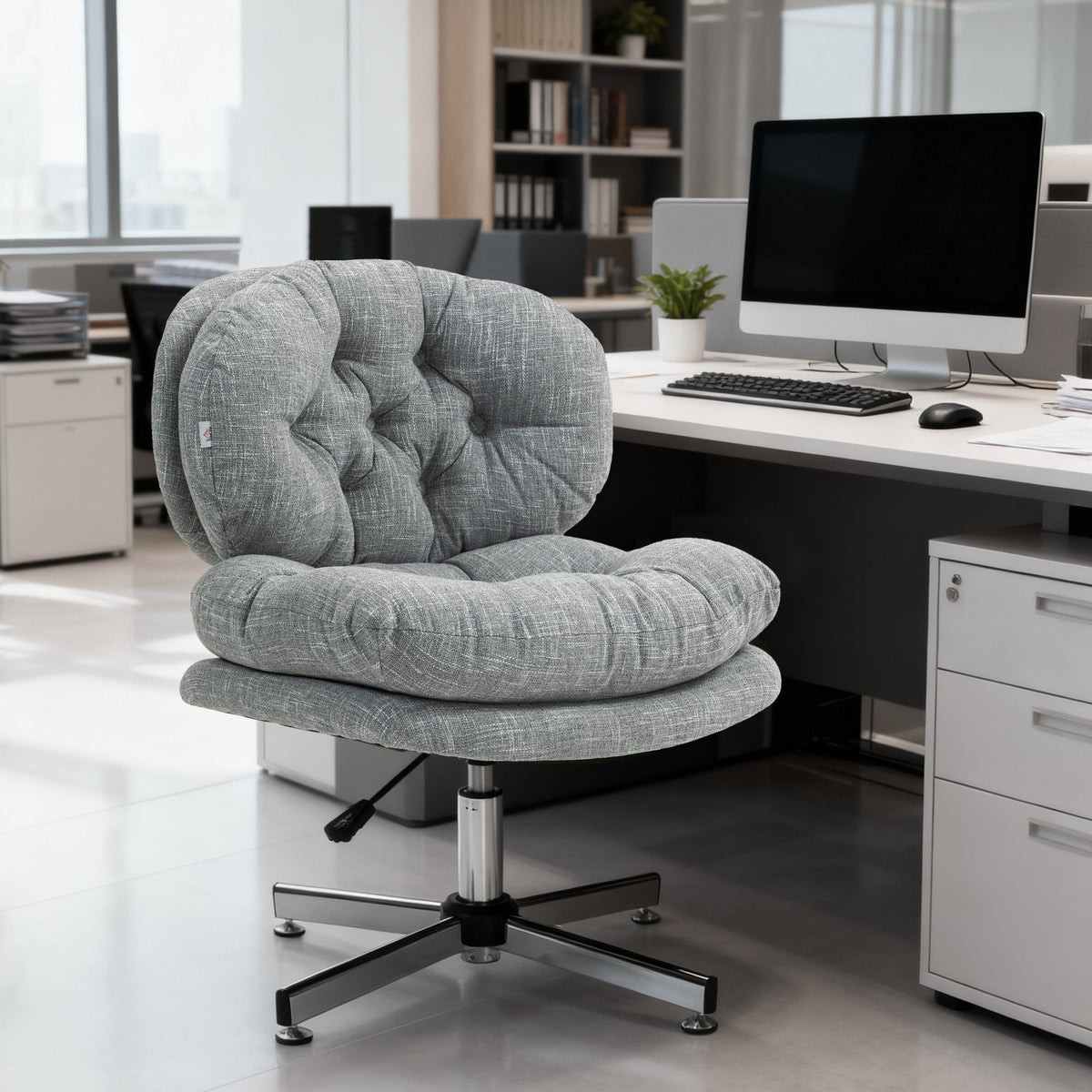 Computer Desk Chair, Armless Office Chair with Wide Padded Seat and Adjustable Height, Cream White