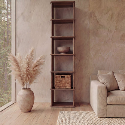 Tall narrow bookcase in walnut