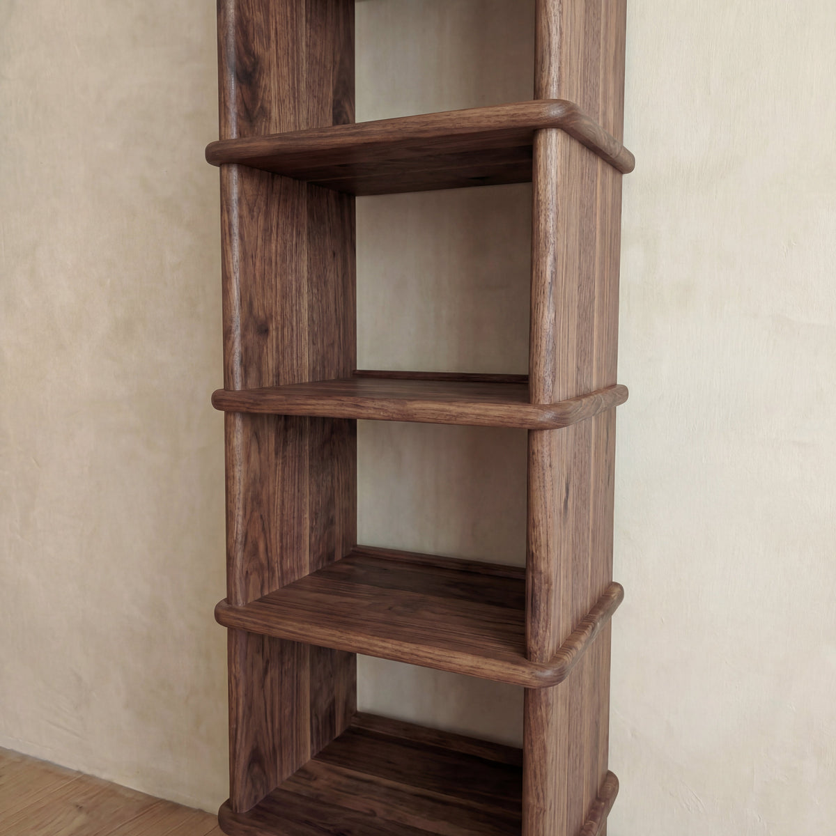 Tall narrow bookcase in walnut