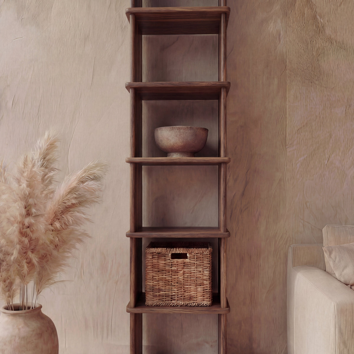 Tall narrow bookcase in walnut
