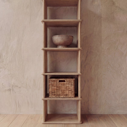Tall narrow bookcase in white oak