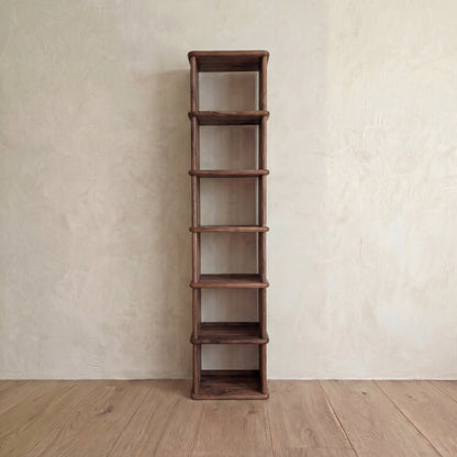 Tall narrow bookcase in walnut