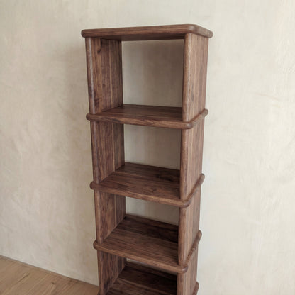 Tall narrow bookcase in walnut