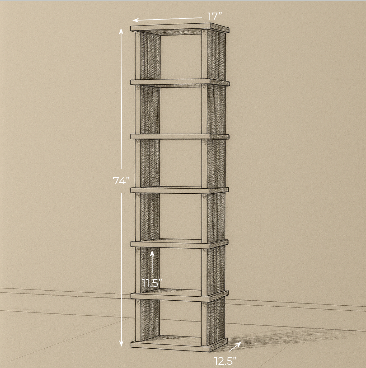 Tall narrow bookcase in white oak