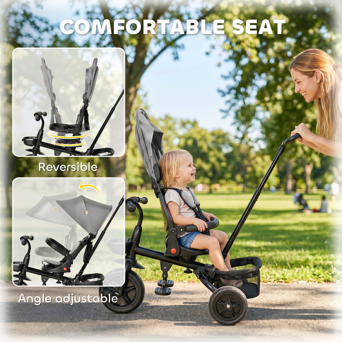 Tricycle for Toddler 5 in 1 Kids Trike, Foldable Converts Stroller to Toddler Bike, Adjustable Backrest & Curved Canopy, Detachable Guardrail & Handle for 1-5 Years Old, Black