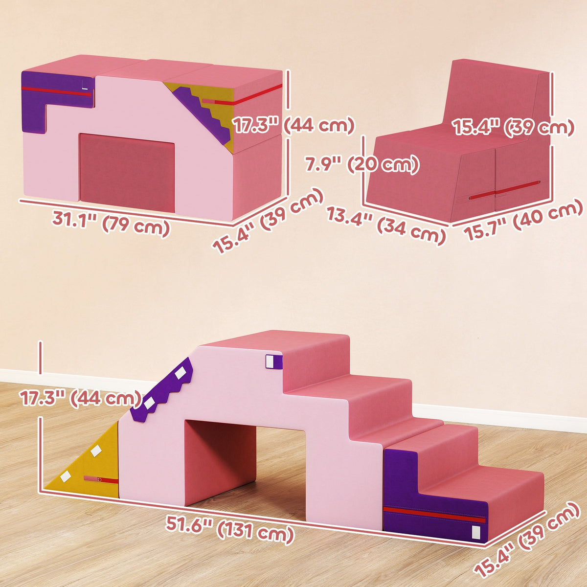 2-Piece Climbing Foam Blocks for Toddlers with Detachable Cover, Indoor Climb and Crawl Activity PlaySet, Pink