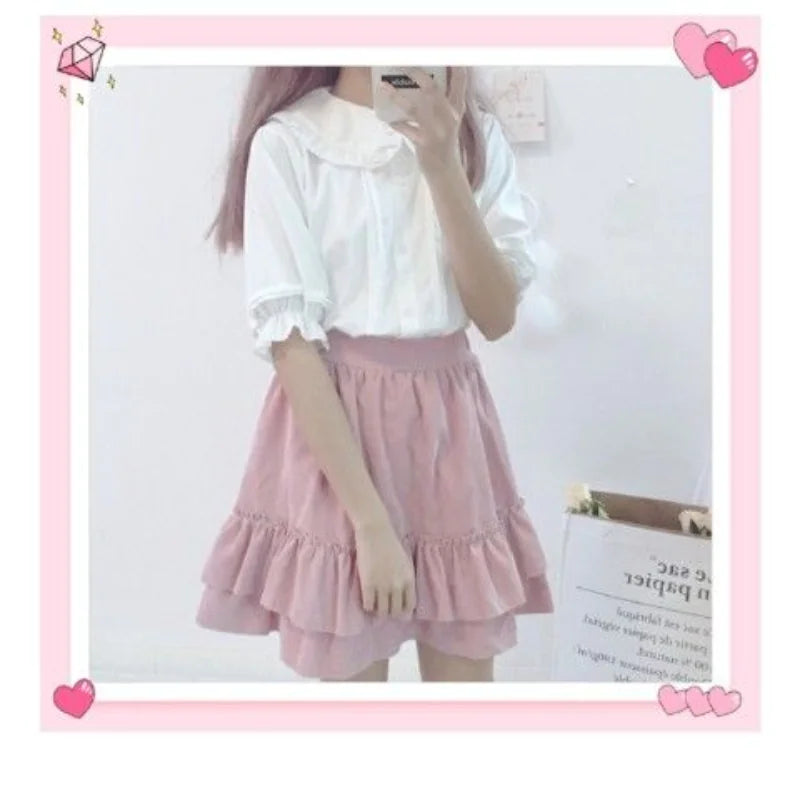 College Style Sweet Ruffle Short Sleeve Women's Top