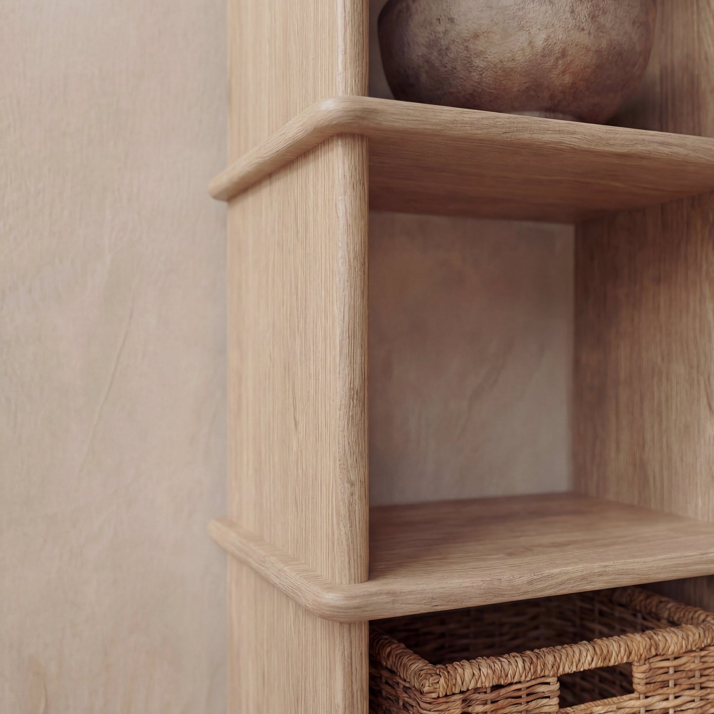 Narrow bookshelf in white oak