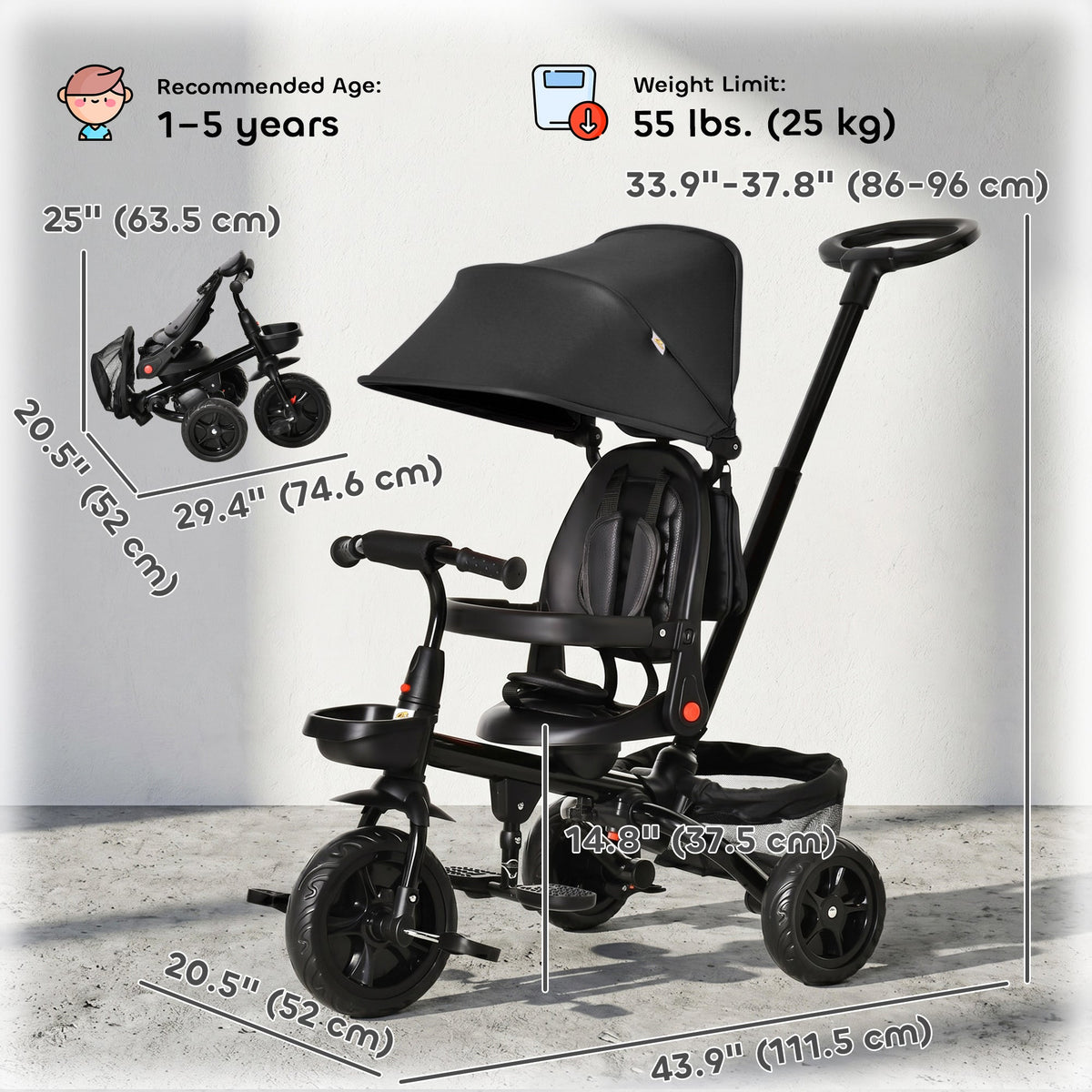 Tricycle for Toddler 5 in 1 Kids Trike, Foldable Converts Stroller to Toddler Bike, Adjustable Backrest & Curved Canopy, Detachable Guardrail & Handle for 1-5 Years Old, Black