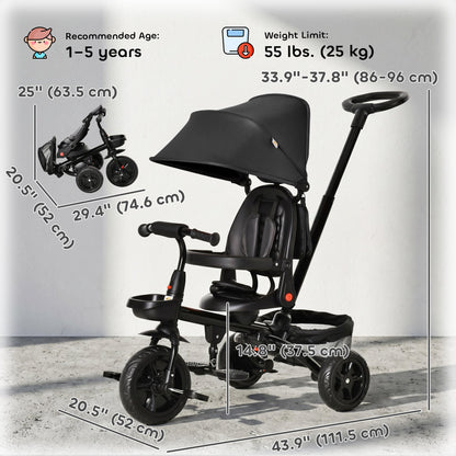 Tricycle for Toddler 5 in 1 Kids Trike, Foldable Converts Stroller to Toddler Bike, Adjustable Backrest & Curved Canopy, Detachable Guardrail & Handle for 1-5 Years Old, Black