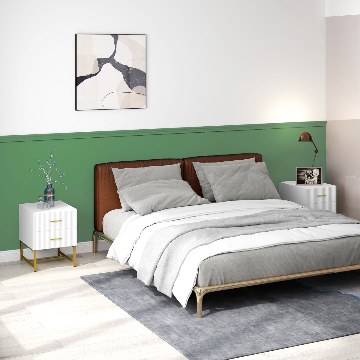 2 Pieces Nightstands with Storage, Modern Bedside Tables with 2 Fluted Drawers and Gold Legs for Bedroom, Black