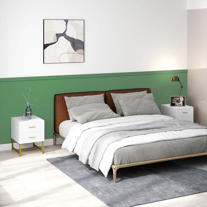 2 Pieces Nightstands with Storage, Modern Bedside Tables with 2 Fluted Drawers and Gold Legs for Bedroom, Black