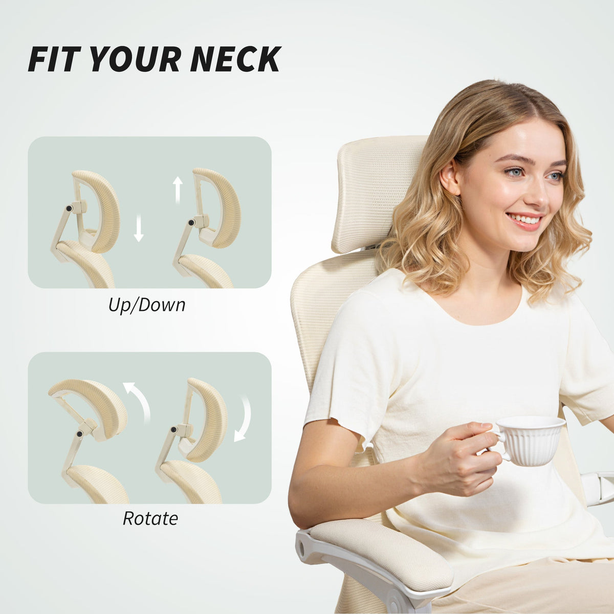 Ergonomic Office Chair, Mesh Reclining Desk Chair with Adjustable Lumbar Support, Headrest, Beige