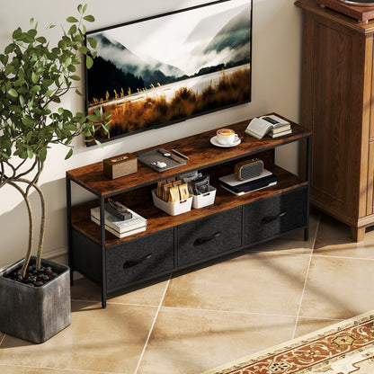TV Stand with Charging Station, TV Table with 2 Foldable Linen Drawers and Open Shelf for 47 Inch Television, Black