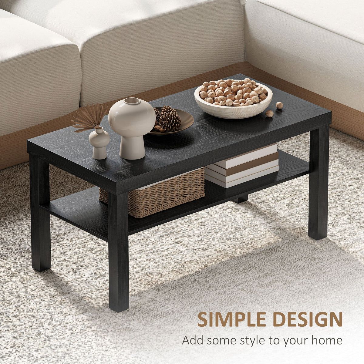 2 Tier Coffee Table with Storage Shelf, Rectangular Center Table for Living Room, Home Office Furniture Walnut