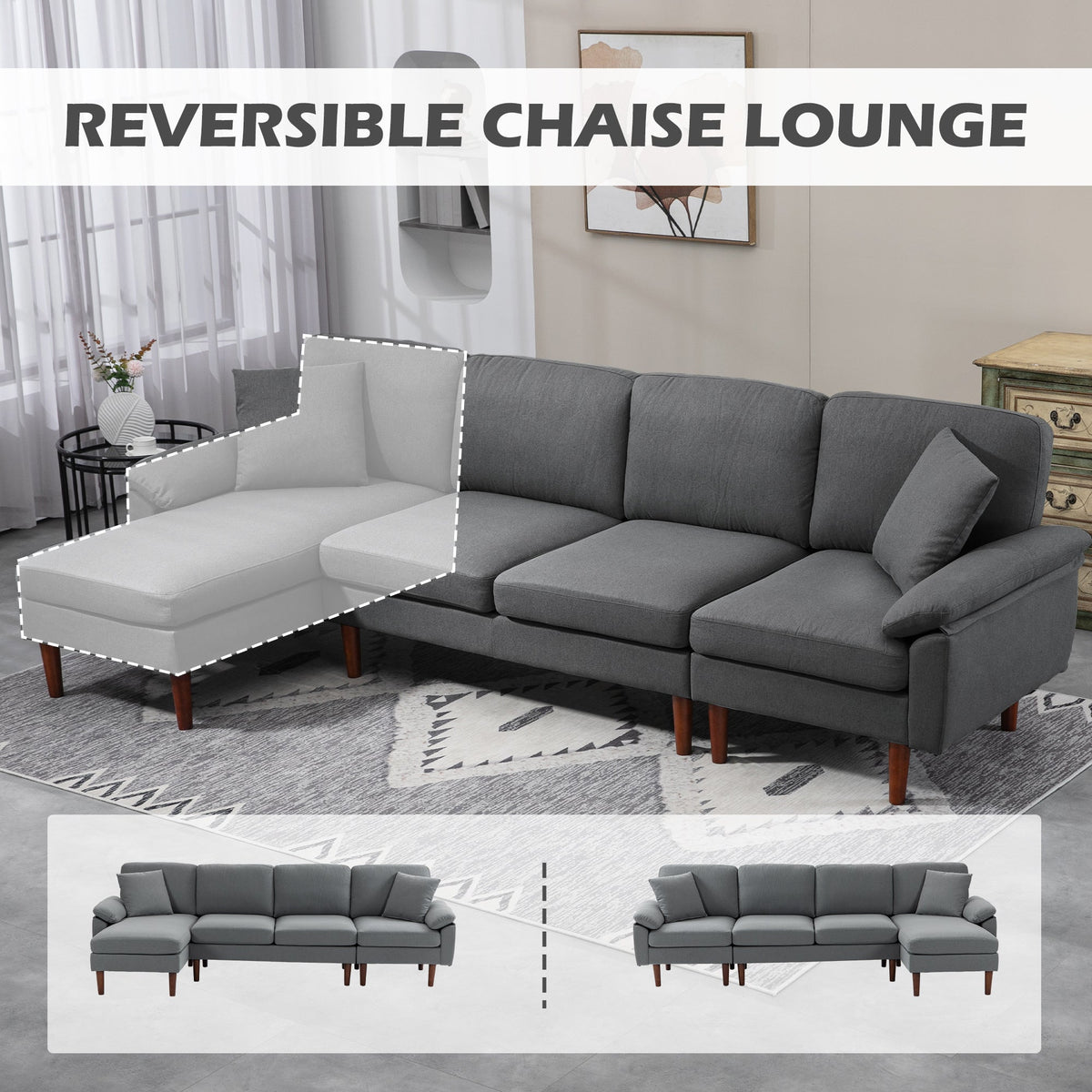 L-Shape Sofa, Modern Sectional Couch with Changeable Chaise Lounge, Pillows and Wooden Legs for Living Room, Dark Grey