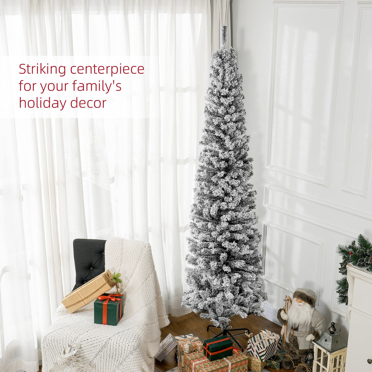 6ft Flocked Christmas Tree, Pencil Christmas Tree with Realistic Branch Tips, Folding Metal Stand, Green