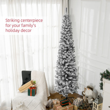 6ft Flocked Christmas Tree, Pencil Christmas Tree with Realistic Branch Tips, Folding Metal Stand, Green
