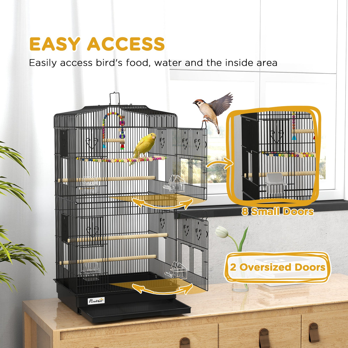 36" Bird Cage with Accessories, Handle, Mesh Cover, Tray, Black