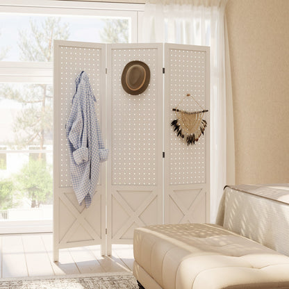 4.7' 3 Panel Wooden Room Divider with Pegboard Display, Folding Privacy Screen for Home Office, Natural