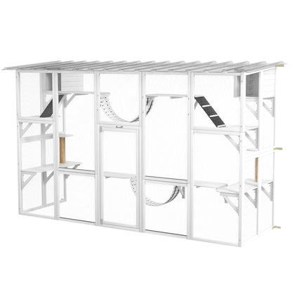 Large Outdoor Catio with Condos, Platforms, Doors, Ladders, Weather-Resistant Roof, Grey