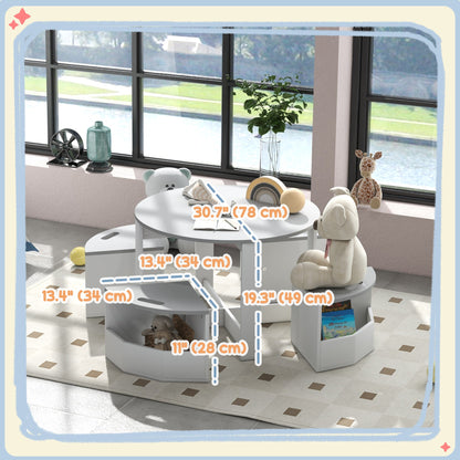 5 Piece Kids Table and Chair Set with Storage for Kids Room, Grey
