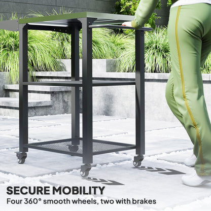 3-Shelf Outdoor Grill Cart Table with Side Handle, Stainless Steel Pizza Oven Stand on Wheels, Black