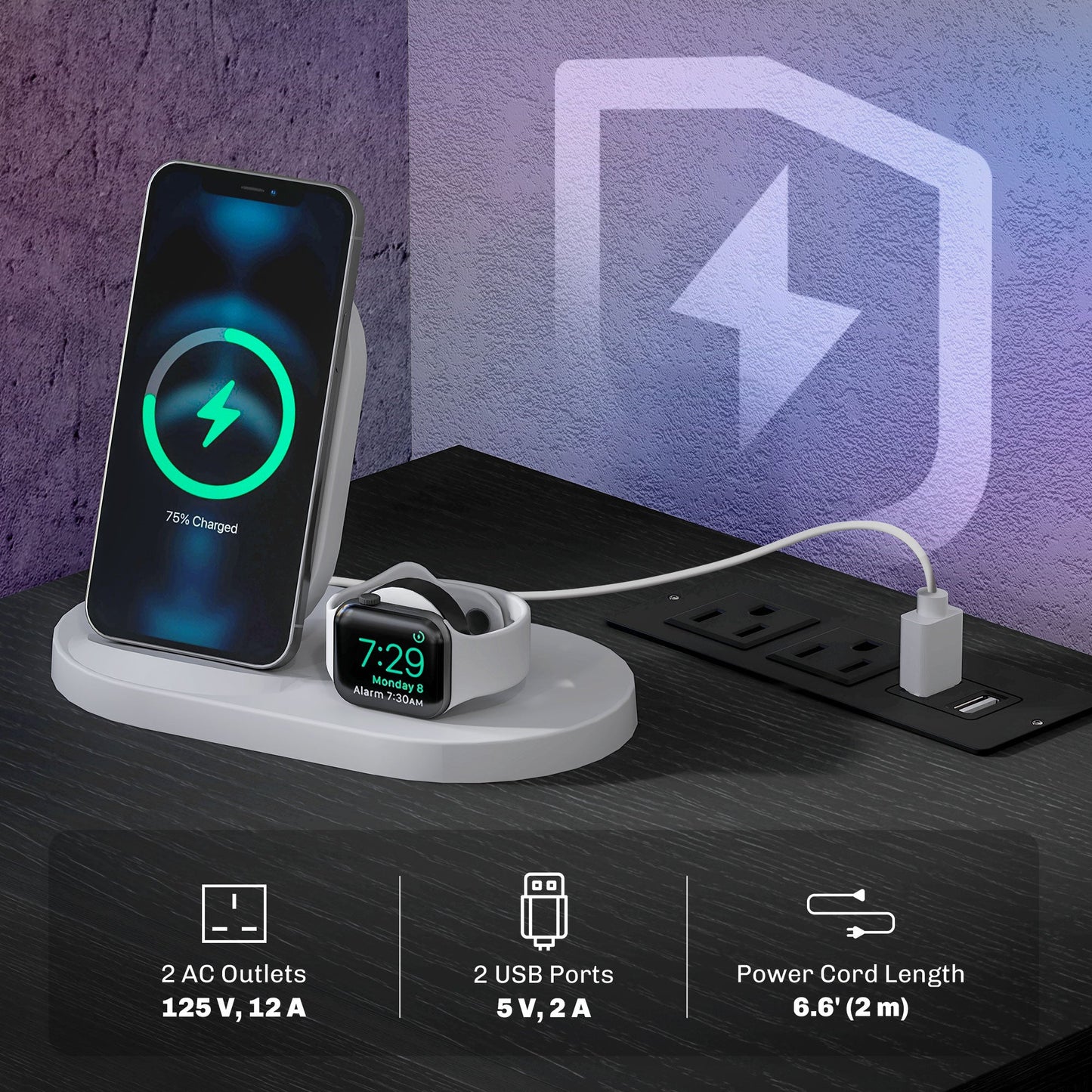 Emma Bedside Table with Charging Station, USB Ports and LED Light-Black
