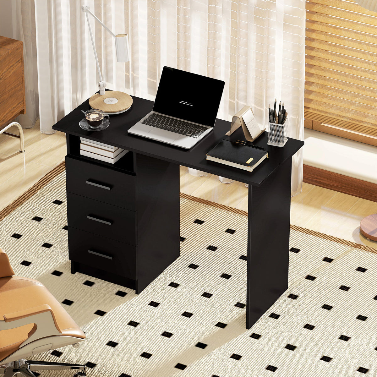 Computer Desk with Storage, 39" Home Office Desk with 3 Drawers nad Open Shelf, Writing Table for Bedroom, White