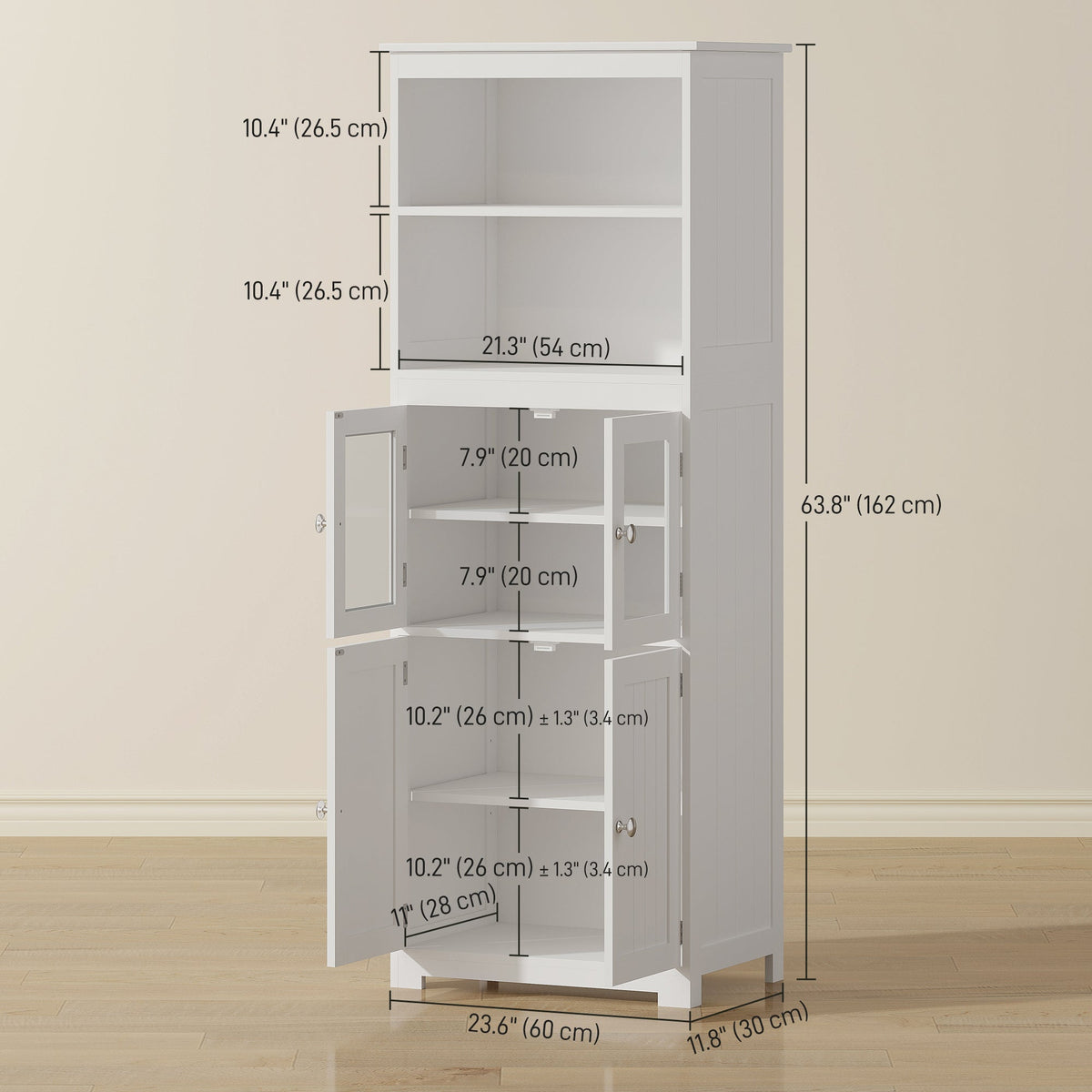 63" Small Buffet with Hutch, 4-Door Kitchen Pantry, Freestanding Storage Cabinet with Adjustable Shelf for Dining Room, Living Room, White