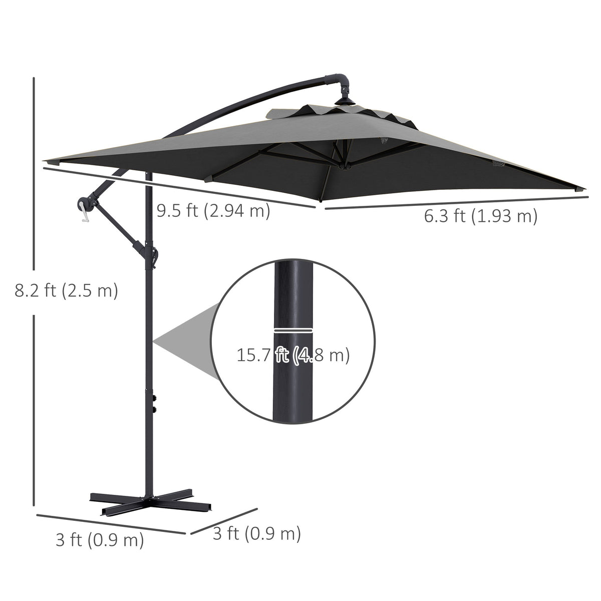 3(m) patio offset umbrella, with Cross Base - Dark Grey