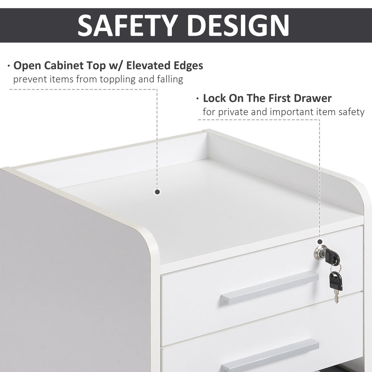 3 Drawer File Cabinet with Lock and Edged Top, Lockable Filing Cabinet on Wheels for Letter and A4 Size, White