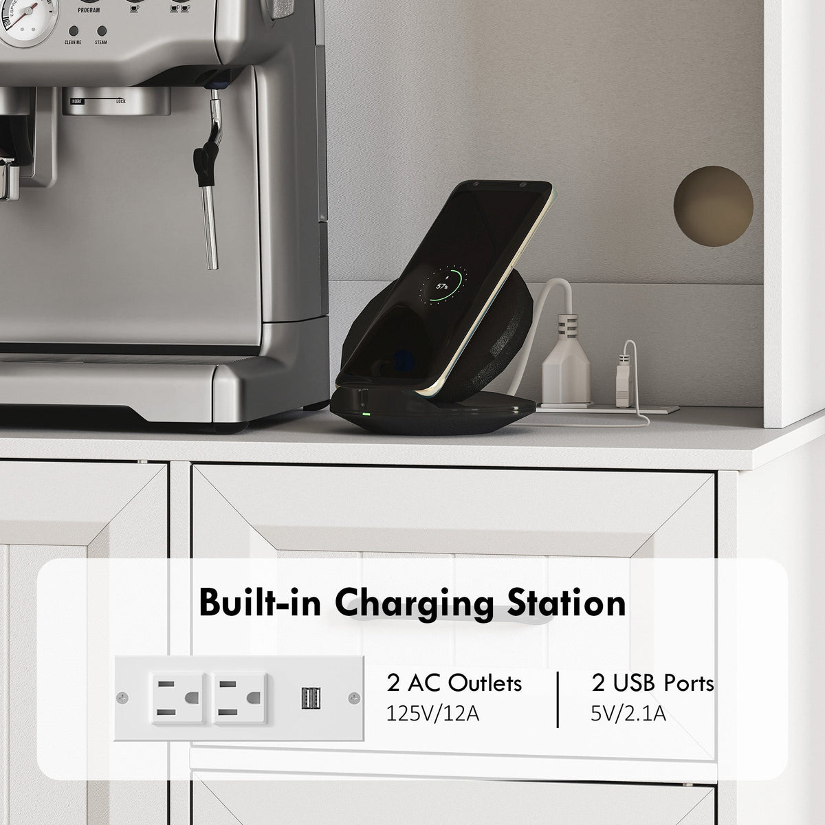 71" Pantry Cabinet with Charging Station, Kitchen Storage Cabinet with Microwave Stand, Adjustable Shelves, Black