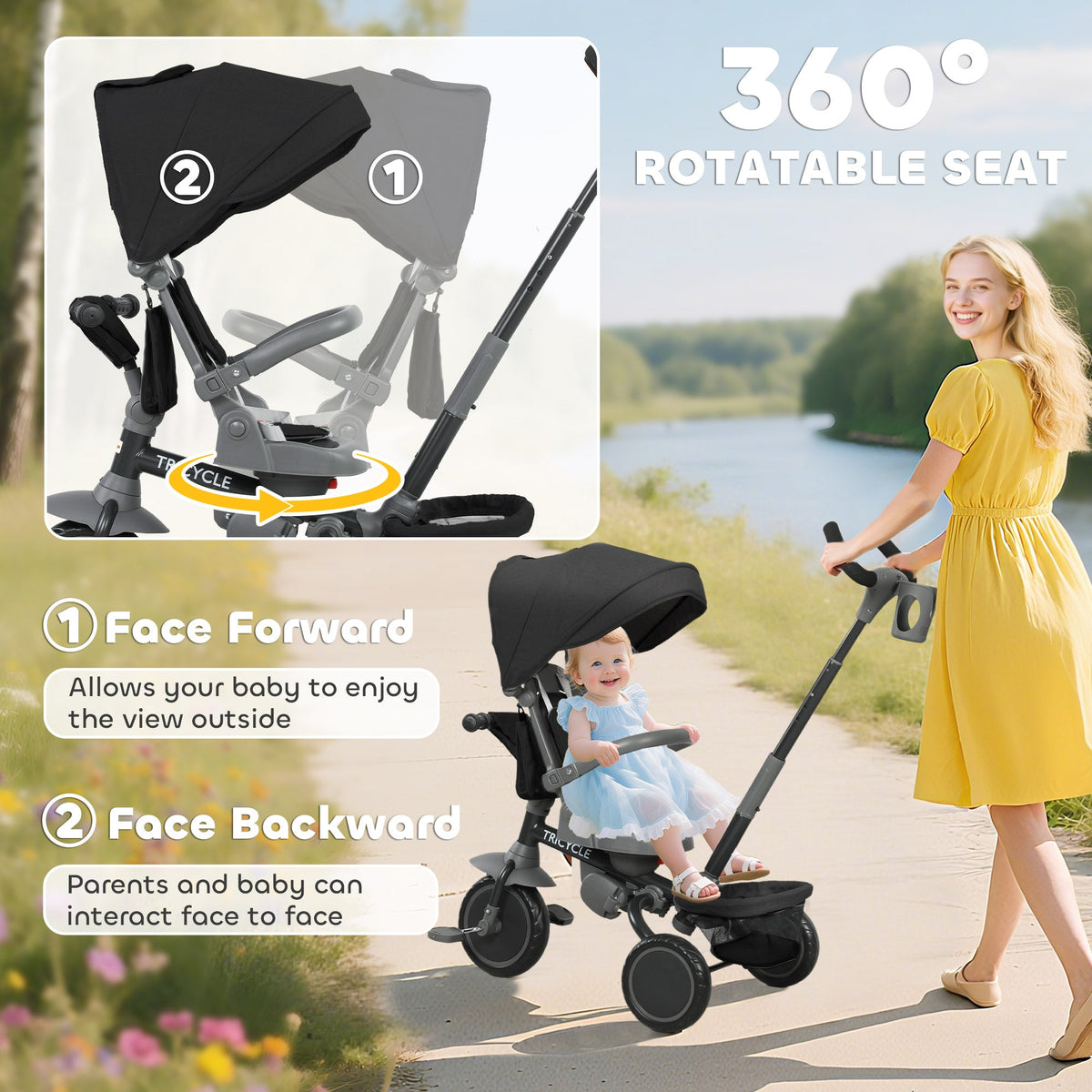 6 in 1 Toddler Tricycle for 1-5 Years Old with Push Handle, Removable Canopy, Rotatable Seat, Black