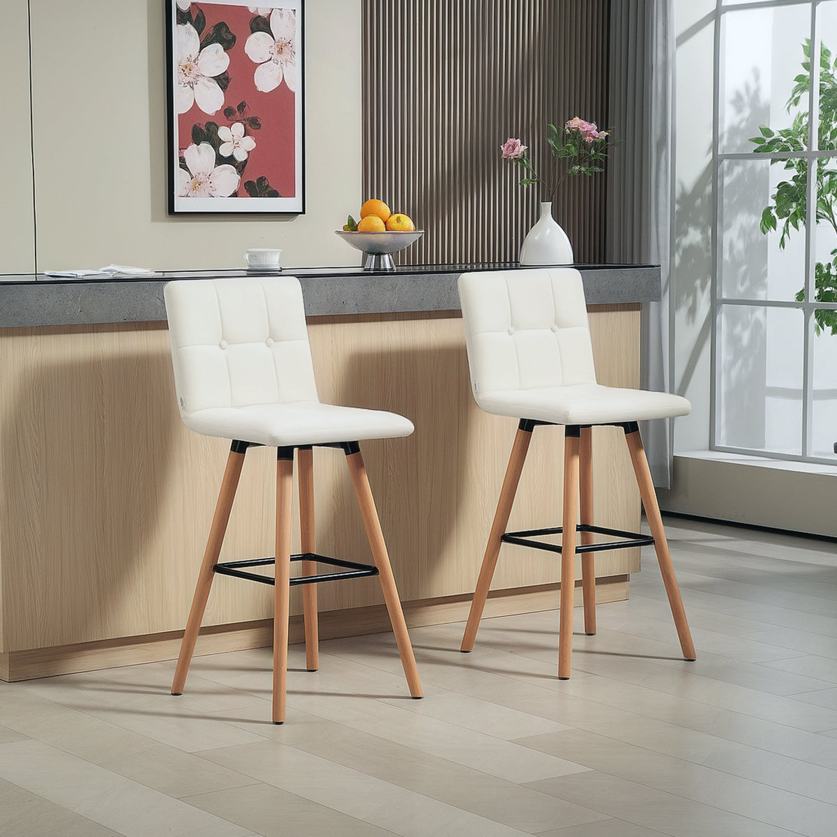 Modern Bar Stools Set of 2, 38" Upholstered Kitchen Island Stool with Solid Wood Legs, Grey