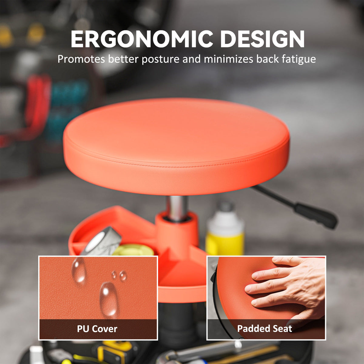 Rolling Garage Stool, 300 LBS Capacity Mechanic Stool with 2.5" Wheels, Tool Trays Storage, Adjustable Height, Red