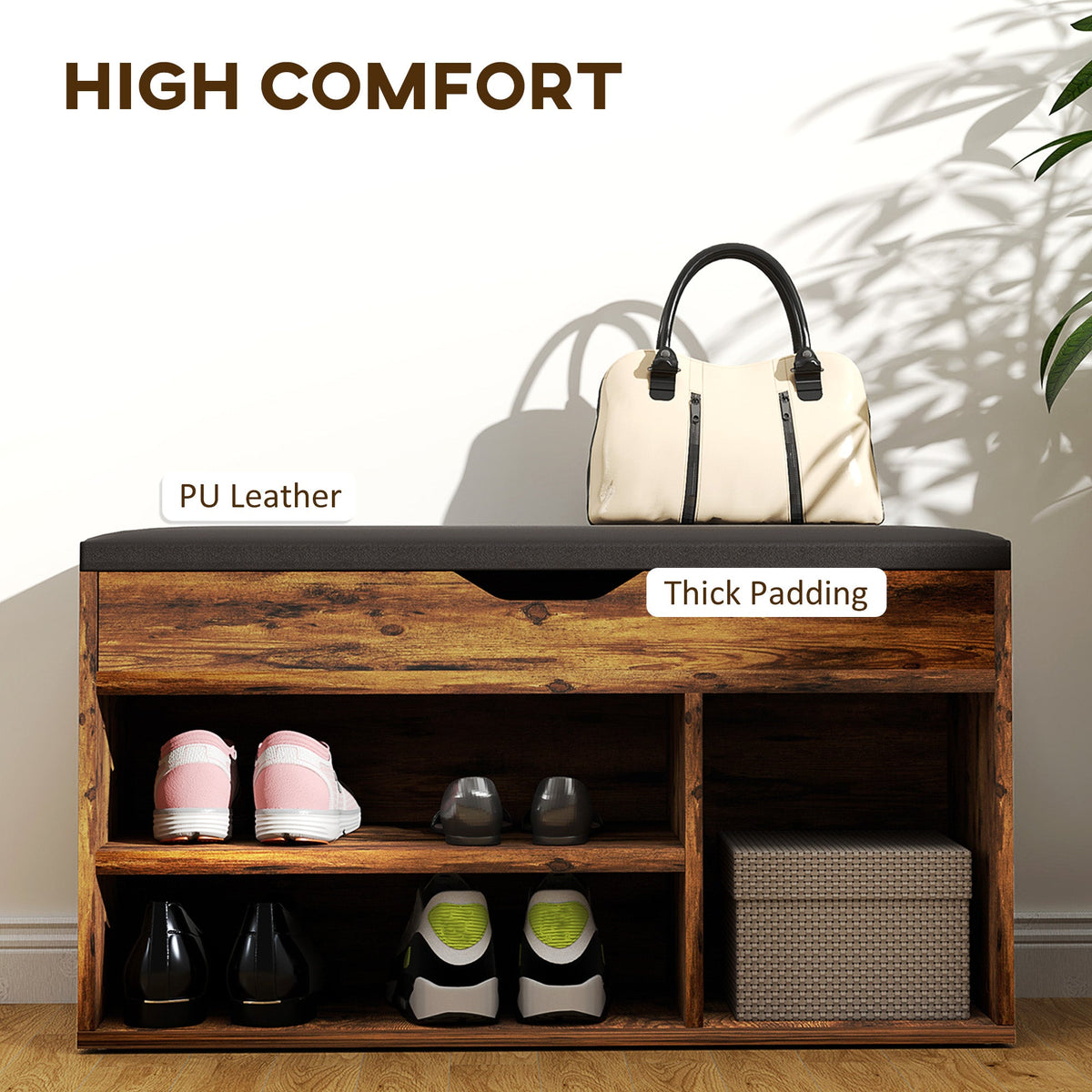 Shoe Bench Entryway Storage Rack with Padded Cushion, Hidden Storage for Hallway, Living Room, Natural